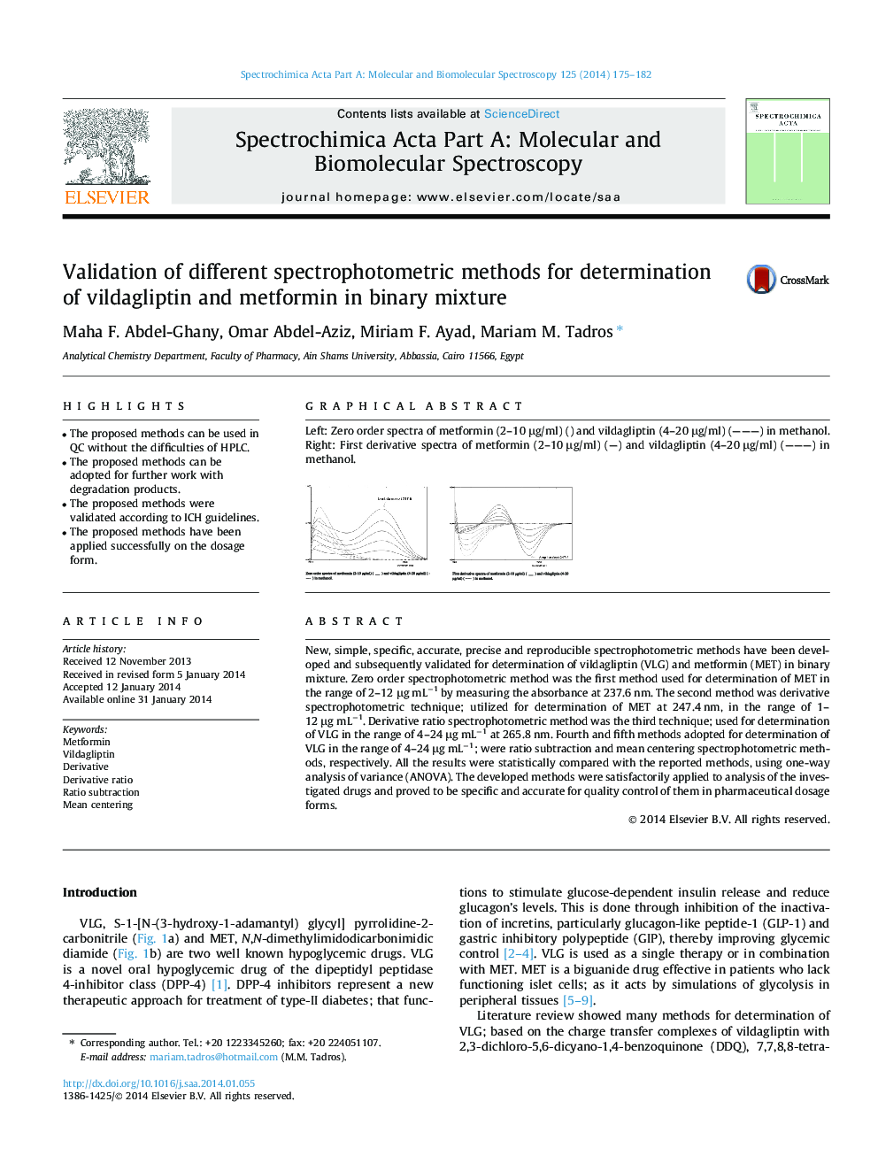 Validation of different spectrophotometric methods for determination of vildagliptin and metformin in binary mixture