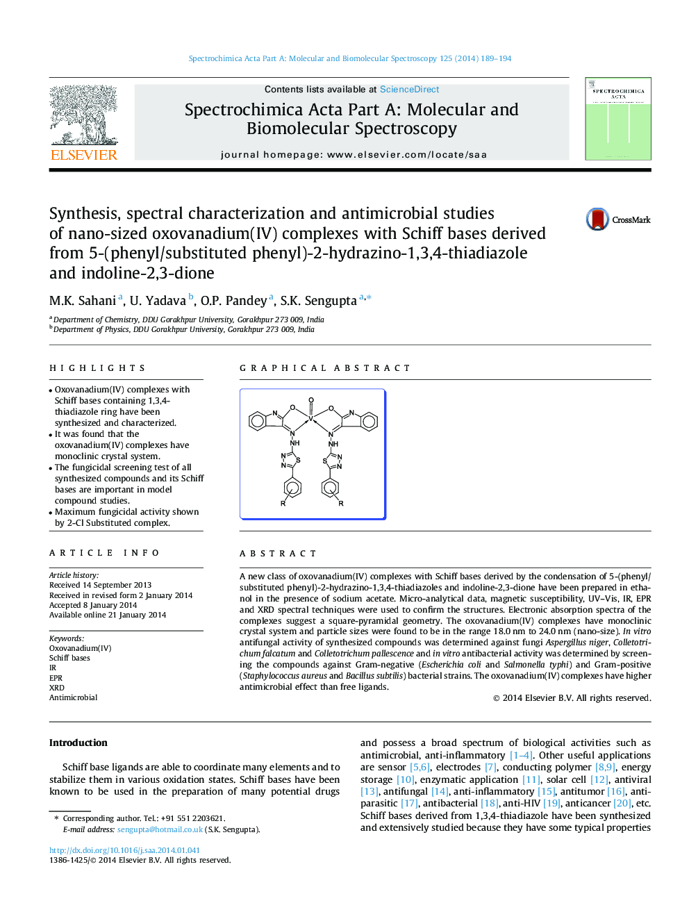 Synthesis, spectral characterization and antimicrobial studies of nano-sized oxovanadium(IV) complexes with Schiff bases derived from 5-(phenyl/substituted phenyl)-2-hydrazino-1,3,4-thiadiazole and indoline-2,3-dione