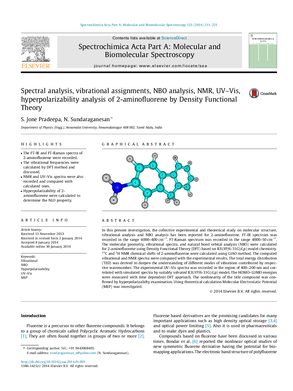 Spectral analysis, vibrational assignments, NBO analysis, NMR, UV-Vis, hyperpolarizability analysis of 2-aminofluorene by Density Functional Theory