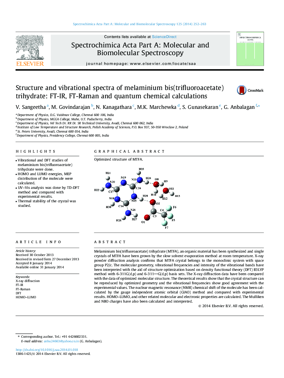 Structure and vibrational spectra of melaminium bis(trifluoroacetate) trihydrate: FT-IR, FT-Raman and quantum chemical calculations