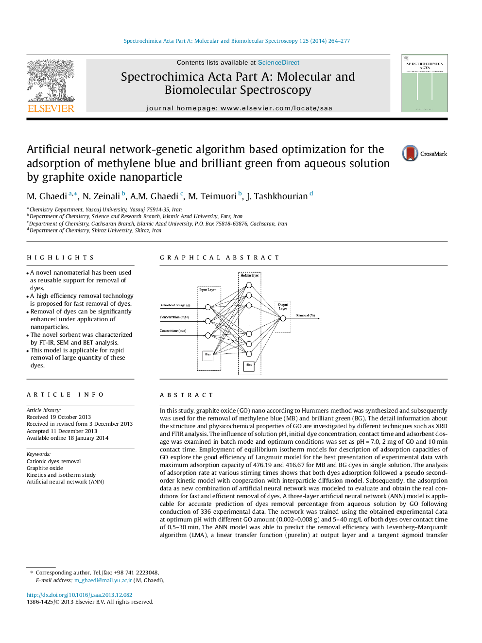 Artificial neural network-genetic algorithm based optimization for the adsorption of methylene blue and brilliant green from aqueous solution by graphite oxide nanoparticle