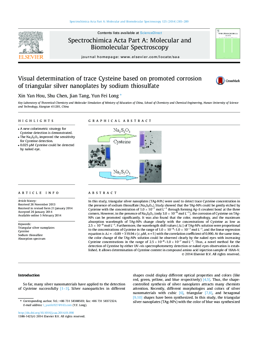 Visual determination of trace Cysteine based on promoted corrosion of triangular silver nanoplates by sodium thiosulfate