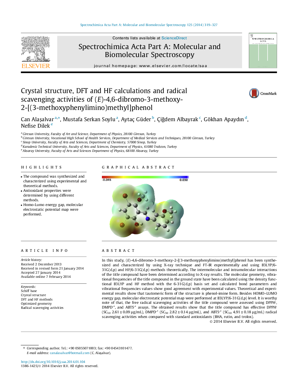 Crystal structure, DFT and HF calculations and radical scavenging activities of (E)-4,6-dibromo-3-methoxy-2-[(3-methoxyphenylimino)methyl]phenol