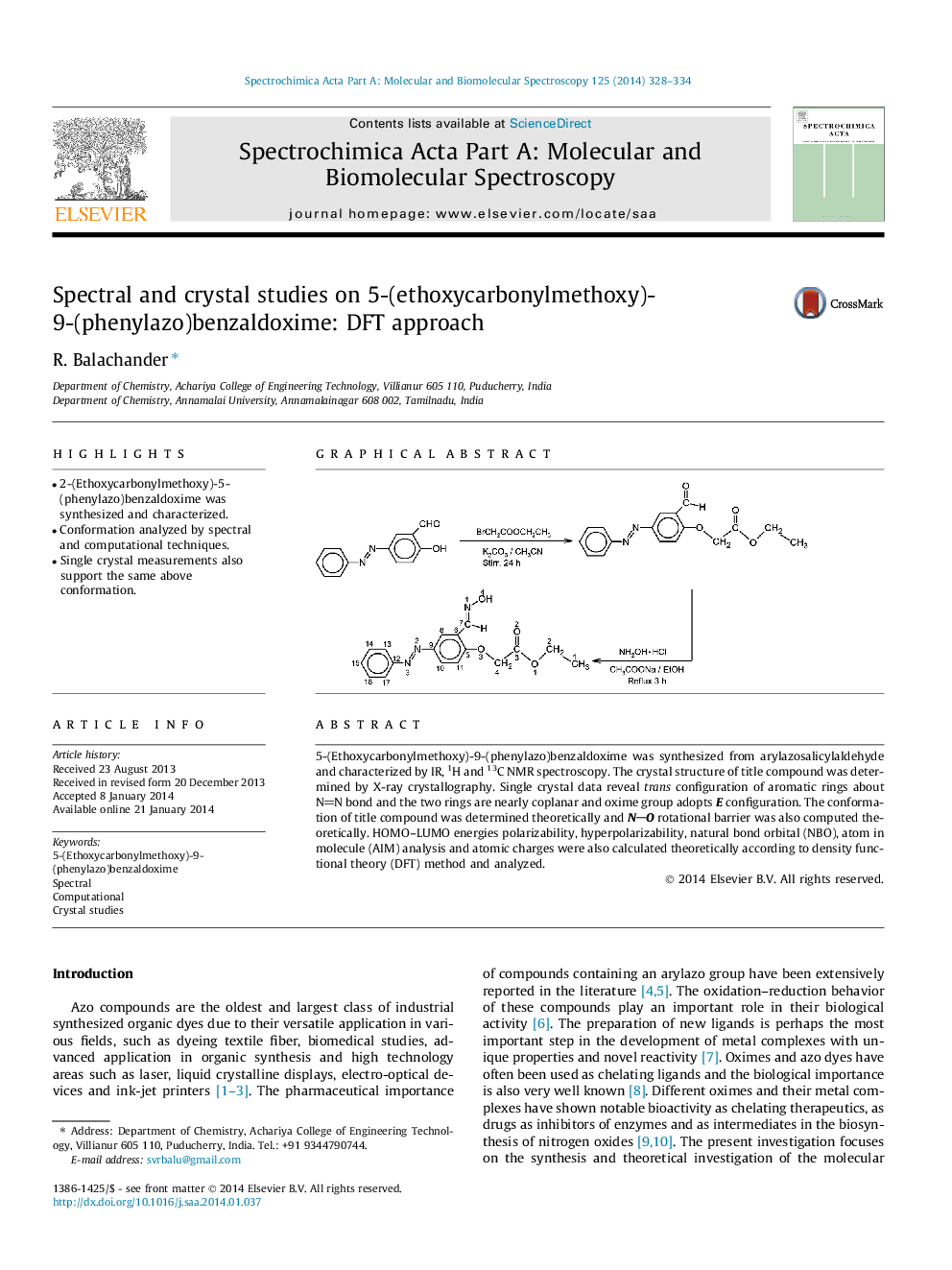 عکس صفحه اول مقاله: Spectral and crystal studies on 5-(ethoxycarbonylmethoxy)-9-(phenylazo)benzaldoxime: DFT approach Spectral and crystal studies on 5-(ethoxycarbonylmethoxy)-9-(phenylazo)benzaldoxime: DFT approach