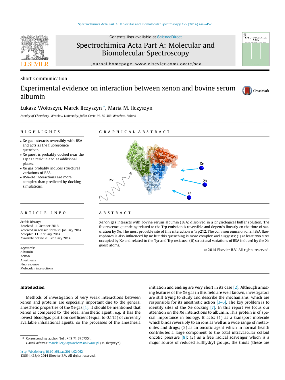 Experimental evidence on interaction between xenon and bovine serum albumin