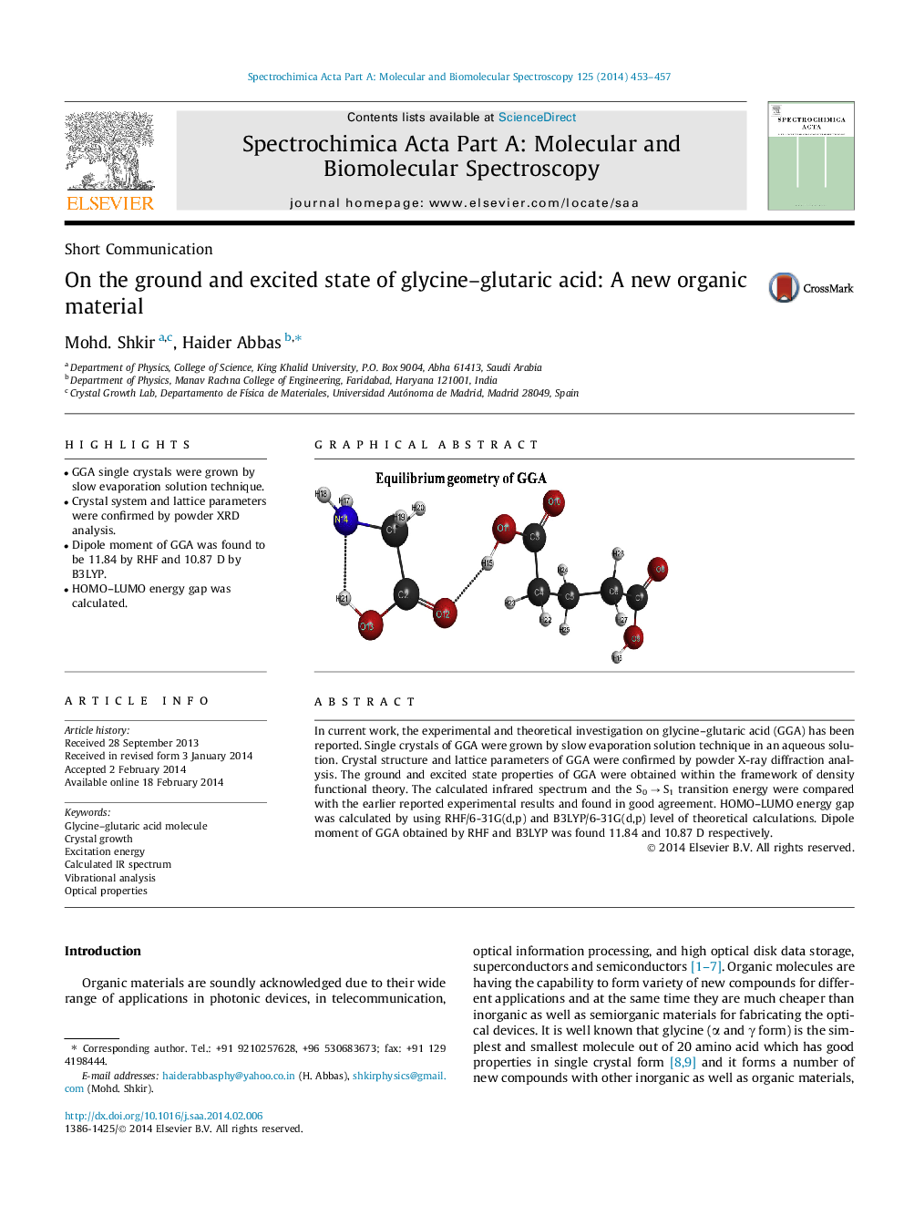 On the ground and excited state of glycine–glutaric acid: A new organic material