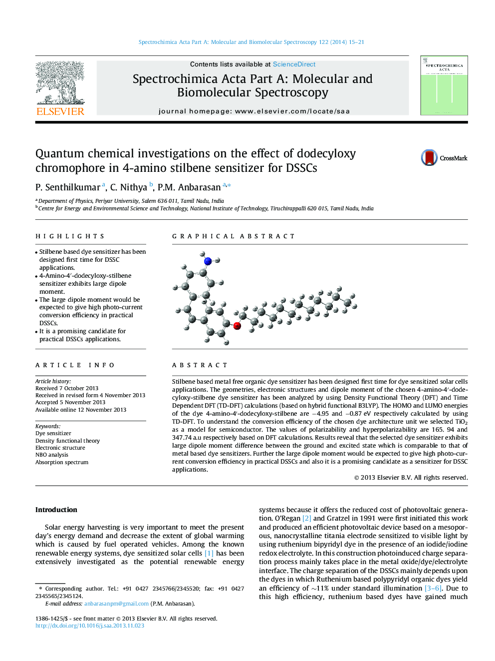 Quantum chemical investigations on the effect of dodecyloxy chromophore in 4-amino stilbene sensitizer for DSSCs