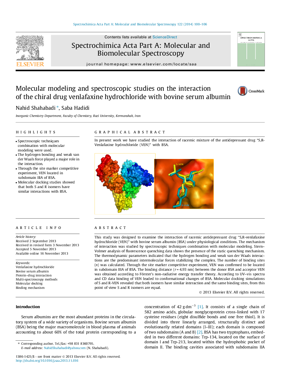 Molecular modeling and spectroscopic studies on the interaction of the chiral drug venlafaxine hydrochloride with bovine serum albumin