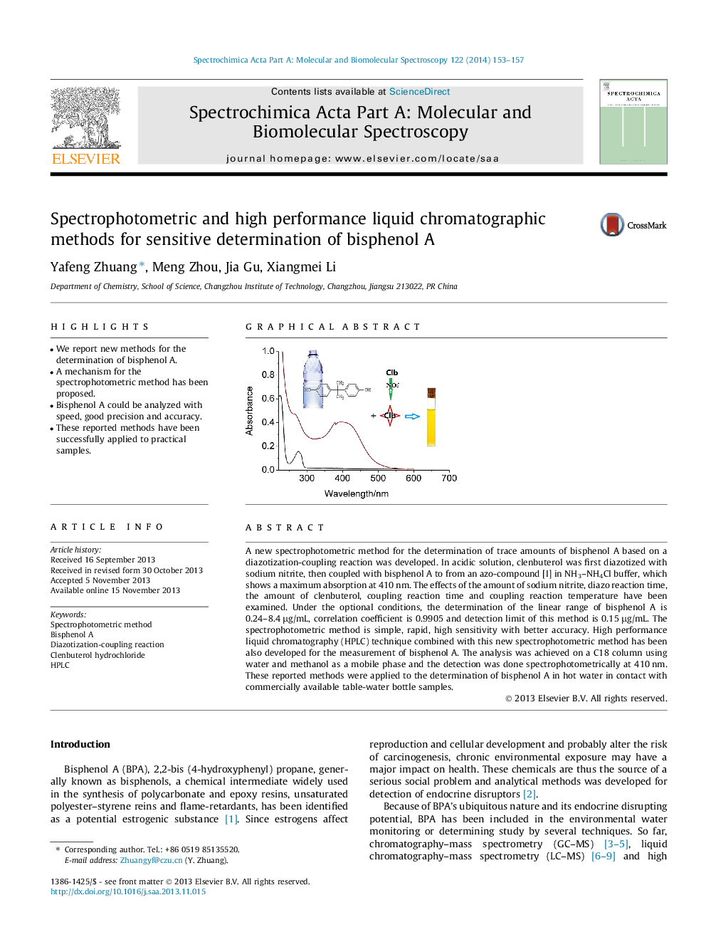 Spectrophotometric and high performance liquid chromatographic methods for sensitive determination of bisphenol A