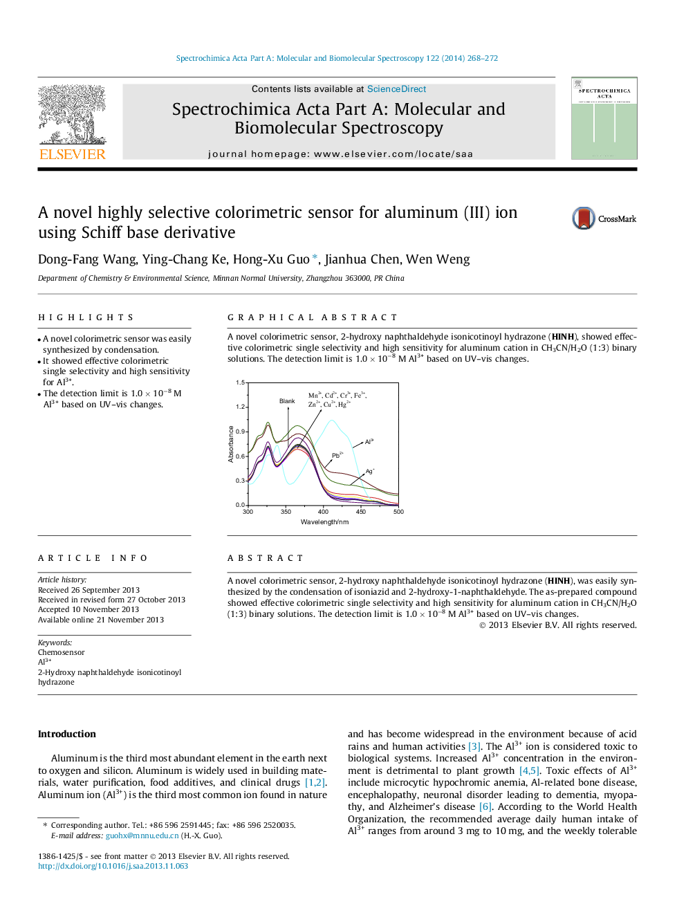 A novel highly selective colorimetric sensor for aluminum (III) ion using Schiff base derivative