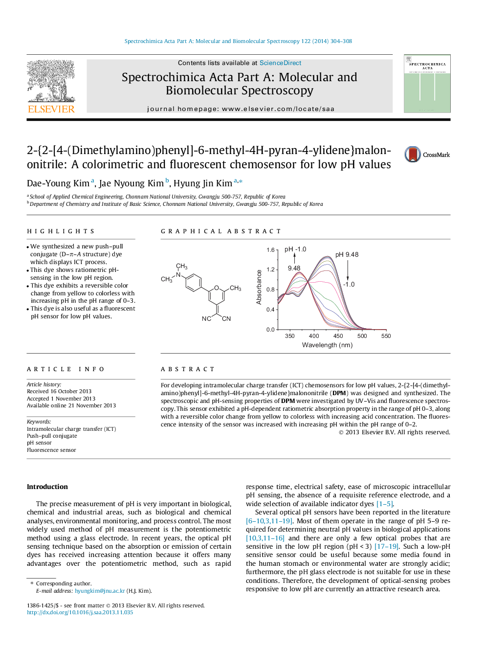 2-{2-[4-(Dimethylamino)phenyl]-6-methyl-4H-pyran-4-ylidene}malononitrile: A colorimetric and fluorescent chemosensor for low pH values