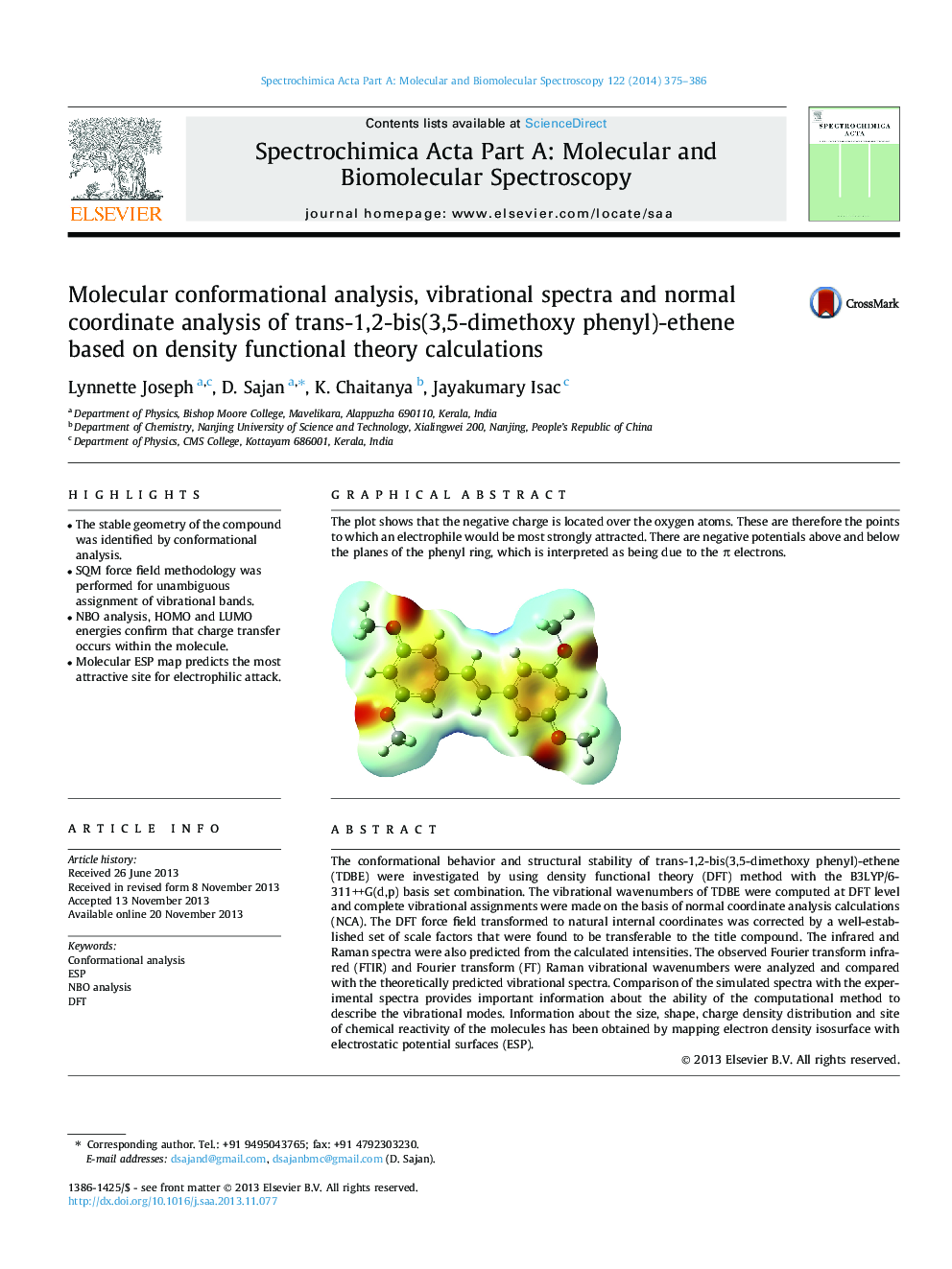 Molecular conformational analysis, vibrational spectra and normal coordinate analysis of trans-1,2-bis(3,5-dimethoxy phenyl)-ethene based on density functional theory calculations
