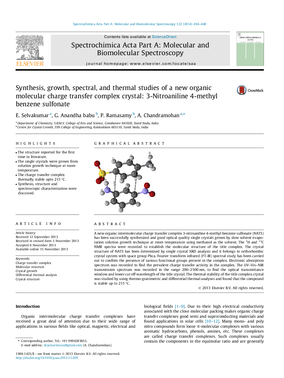 سنتز، رشد، طیفی و مطالعات حرارتی یک کریستال مجتمع انتقال بار مولکولی جدید: 3-نیتروانیلین 4-متیل بنزن سولفونات 