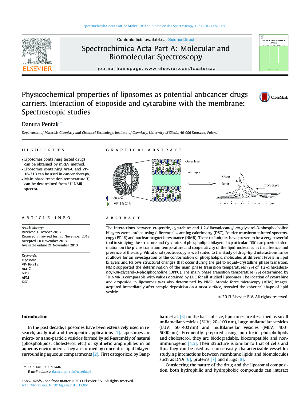 Physicochemical properties of liposomes as potential anticancer drugs carriers. Interaction of etoposide and cytarabine with the membrane: Spectroscopic studies