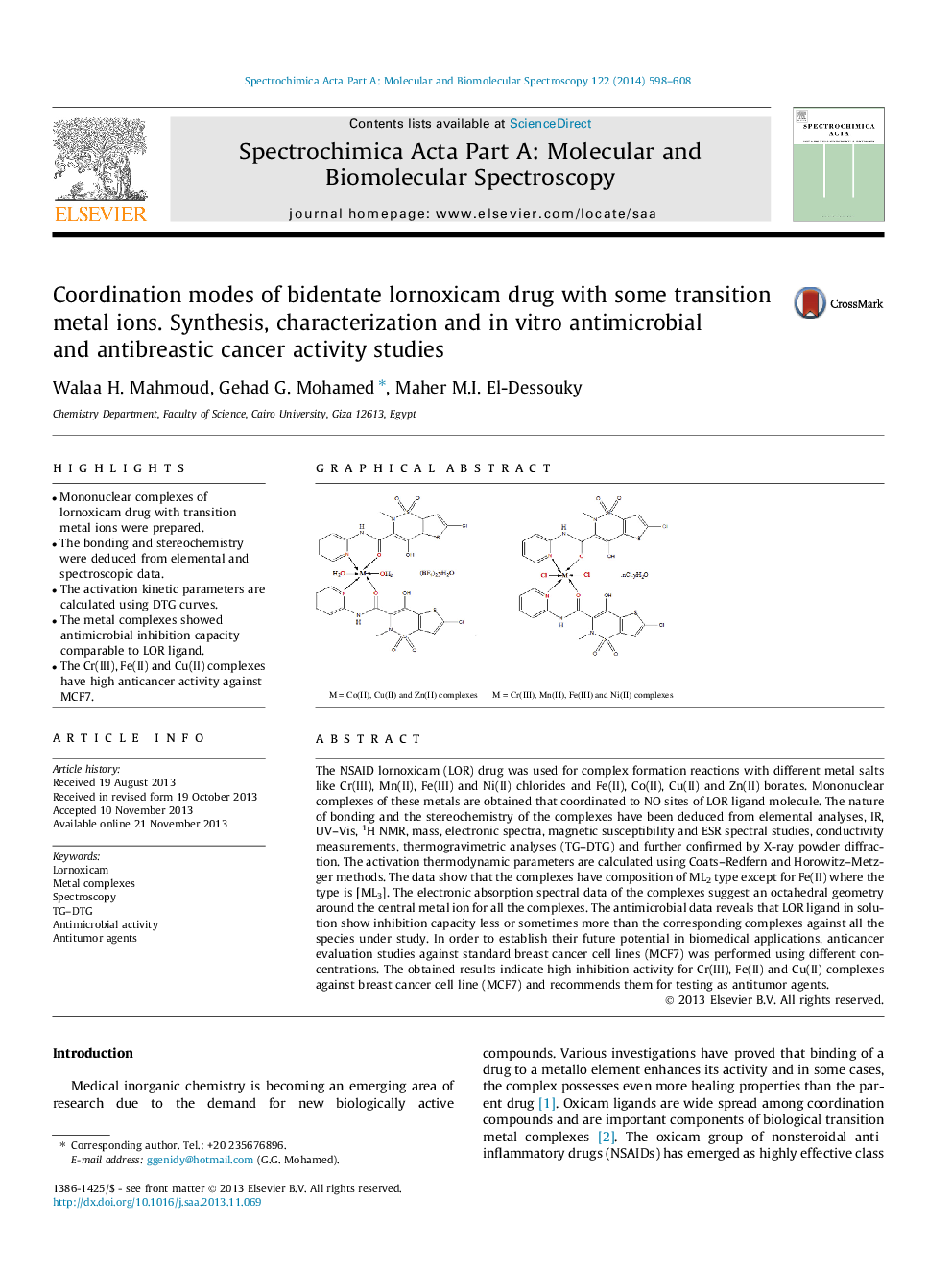 Coordination modes of bidentate lornoxicam drug with some transition metal ions. Synthesis, characterization and in vitro antimicrobial and antibreastic cancer activity studies