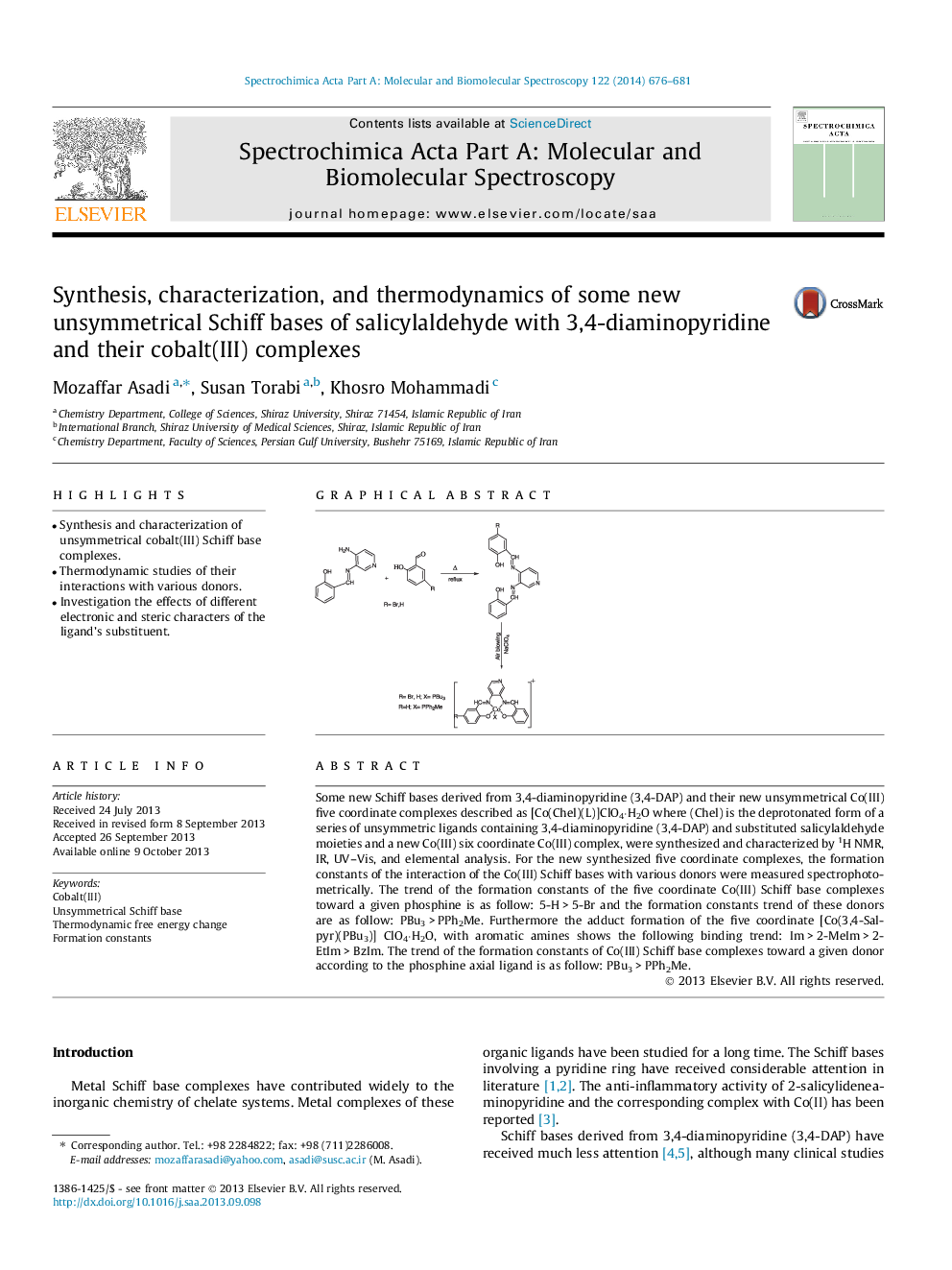 Synthesis, characterization, and thermodynamics of some new unsymmetrical Schiff bases of salicylaldehyde with 3,4-diaminopyridine and their cobalt(III) complexes