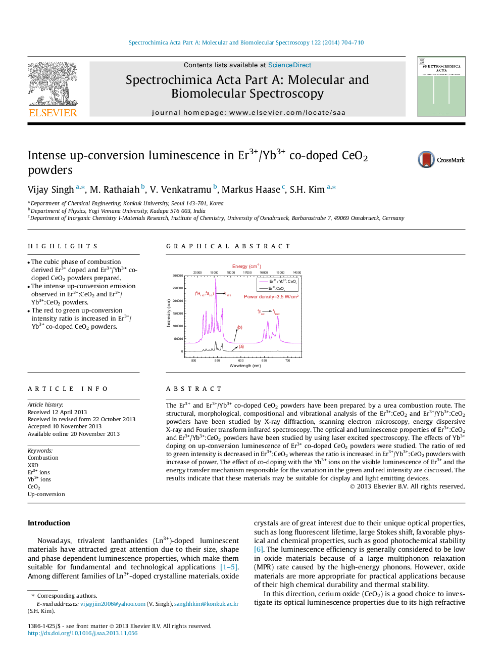 Intense up-conversion luminescence in Er3+/Yb3+ co-doped CeO2 powders