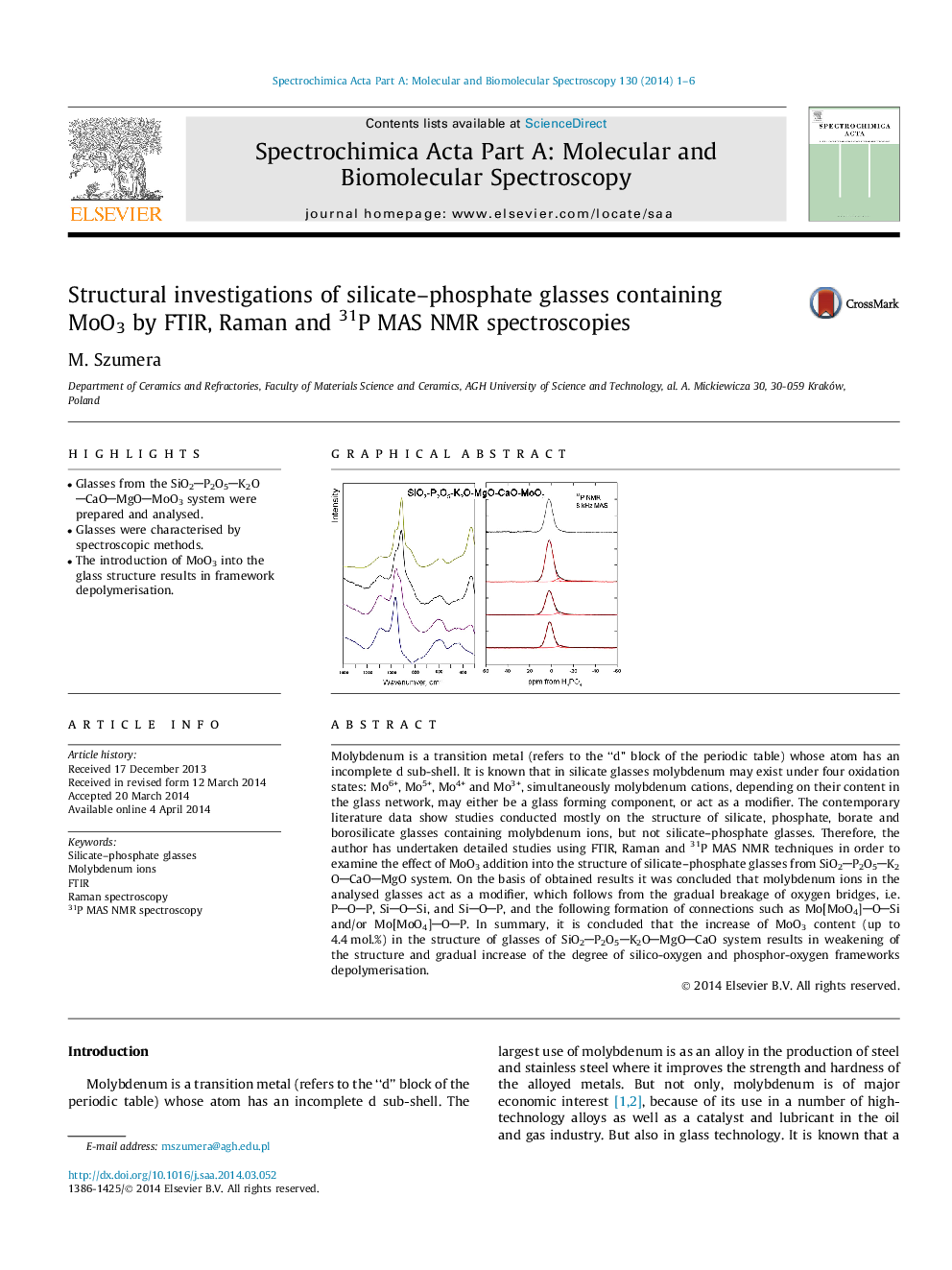 Structural investigations of silicate–phosphate glasses containing MoO3 by FTIR, Raman and 31P MAS NMR spectroscopies