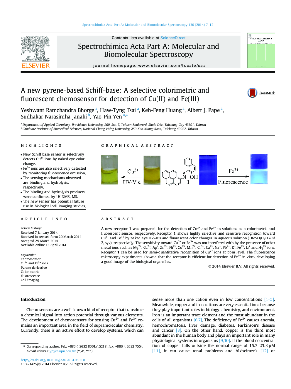 A new pyrene-based Schiff-base: A selective colorimetric and fluorescent chemosensor for detection of Cu(II) and Fe(III)