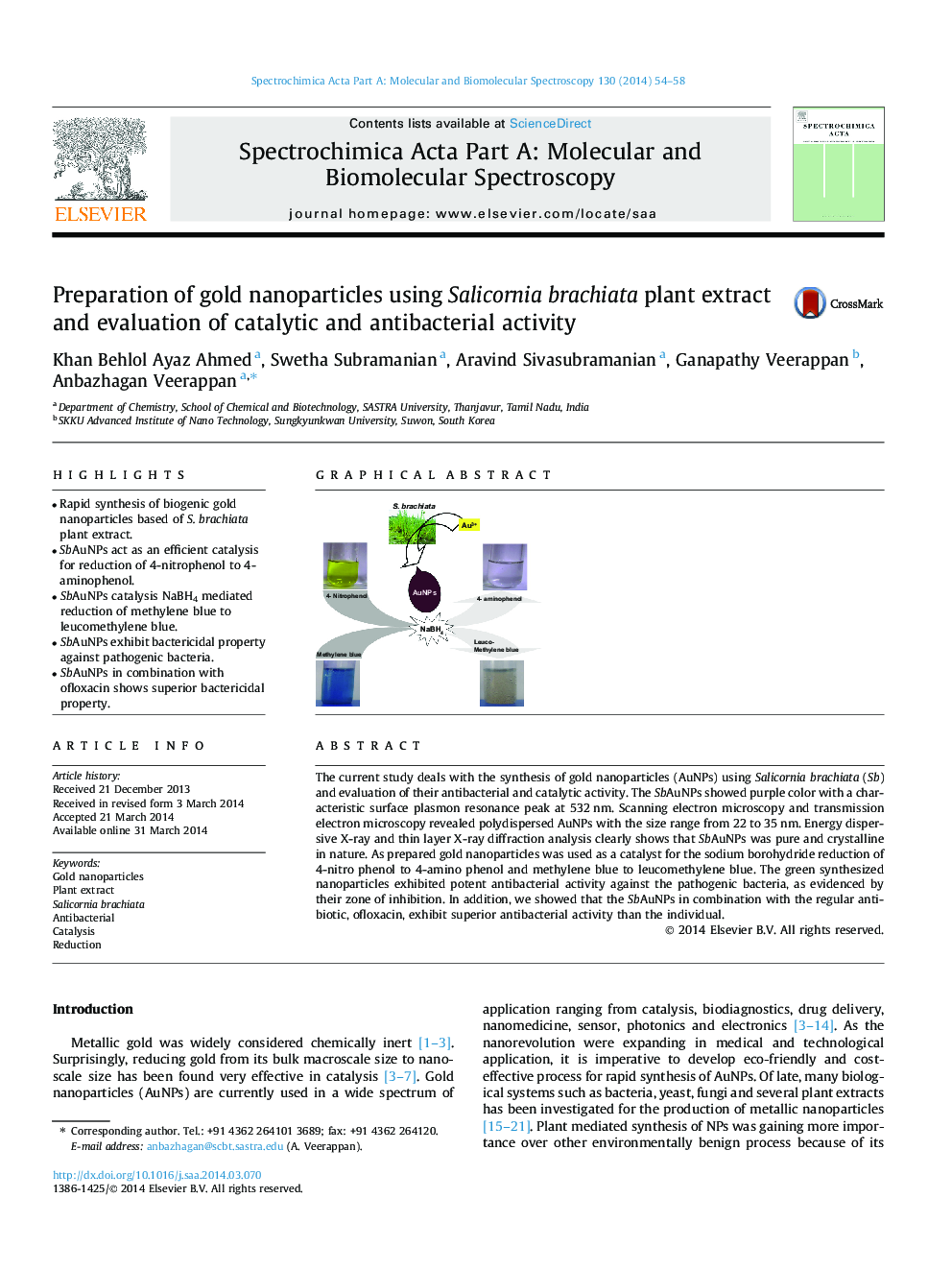 Preparation of gold nanoparticles using Salicornia brachiata plant extract and evaluation of catalytic and antibacterial activity