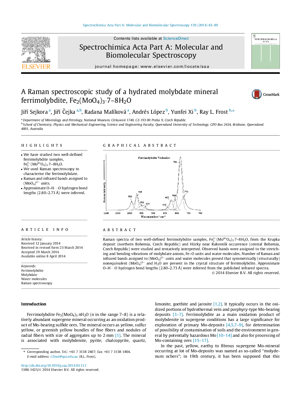 A Raman spectroscopic study of a hydrated molybdate mineral ferrimolybdite, Fe2(MoO4)3·7–8H2O