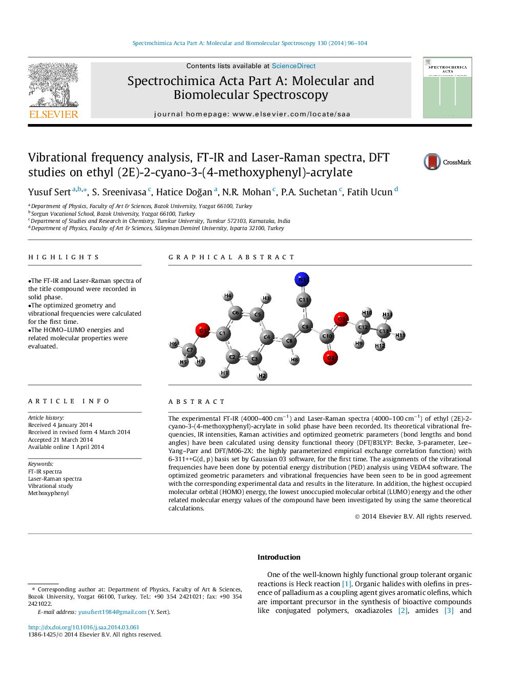 Vibrational frequency analysis, FT-IR and Laser-Raman spectra, DFT studies on ethyl (2E)-2-cyano-3-(4-methoxyphenyl)-acrylate