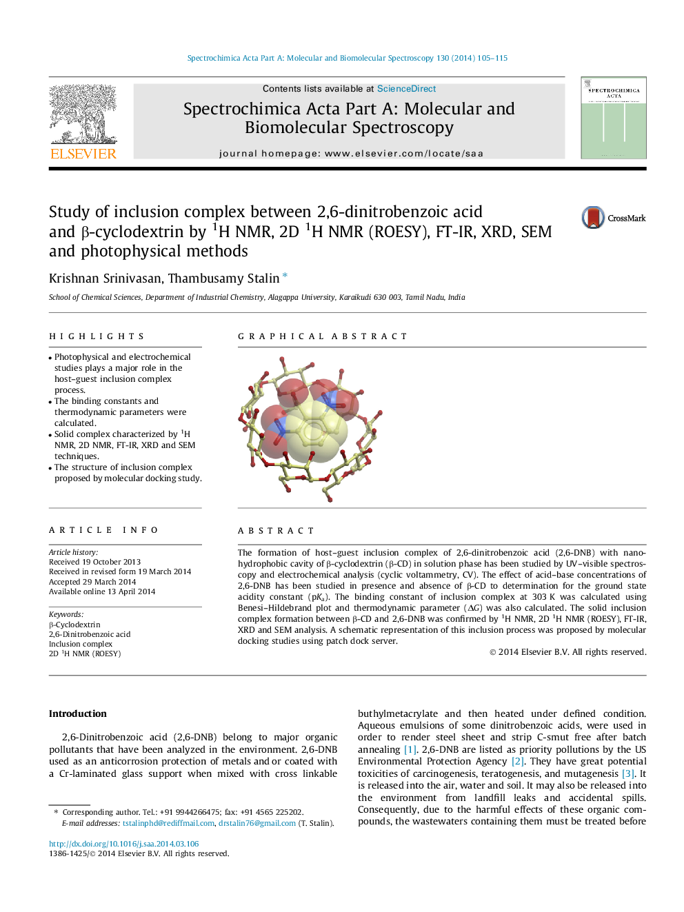 Study of inclusion complex between 2,6-dinitrobenzoic acid and β-cyclodextrin by 1H NMR, 2D 1H NMR (ROESY), FT-IR, XRD, SEM and photophysical methods