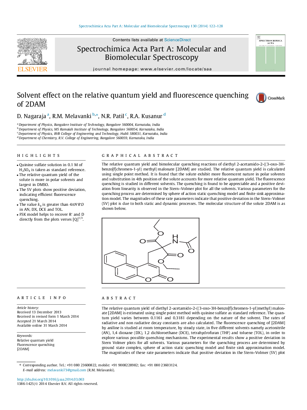 Solvent effect on the relative quantum yield and fluorescence quenching of 2DAM