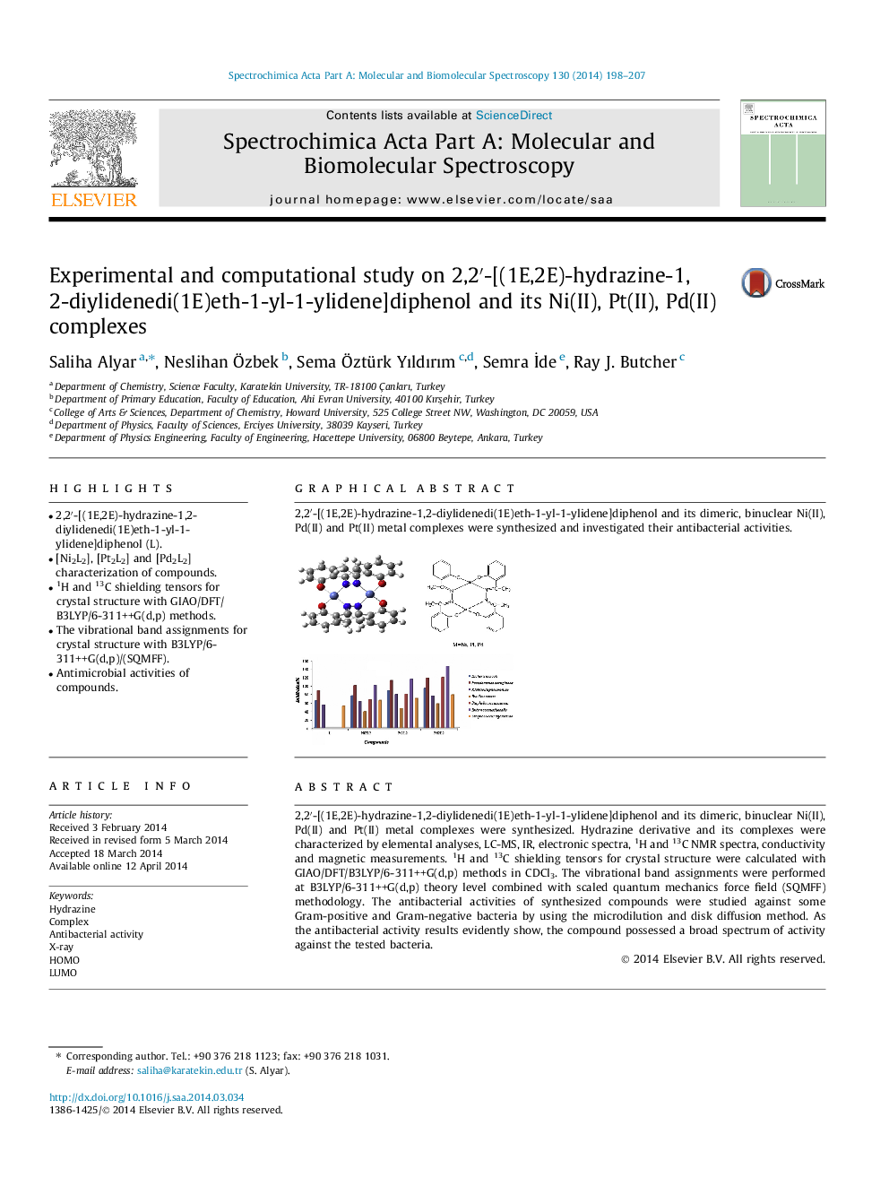 Experimental and computational study on 2,2′-[(1E,2E)-hydrazine-1,2-diylidenedi(1E)eth-1-yl-1-ylidene]diphenol and its Ni(II), Pt(II), Pd(II) complexes