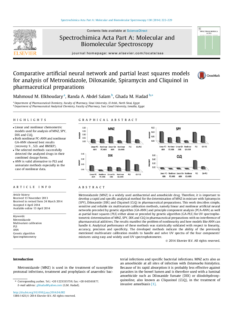 Comparative artificial neural network and partial least squares models for analysis of Metronidazole, Diloxanide, Spiramycin and Cliquinol in pharmaceutical preparations