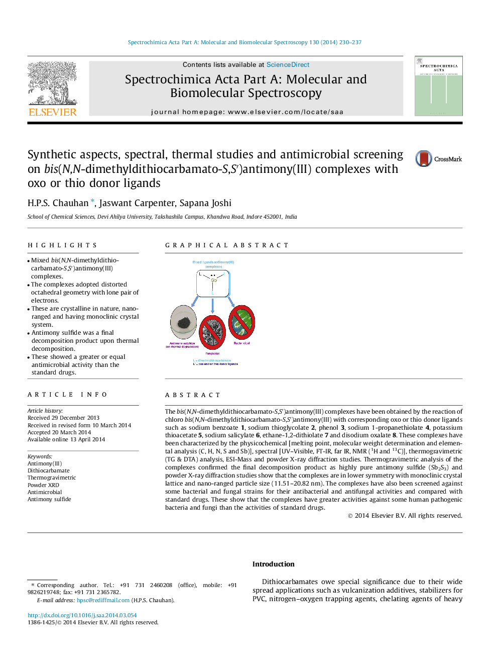 Synthetic aspects, spectral, thermal studies and antimicrobial screening on bis(N,N-dimethyldithiocarbamato-S,Sâ²)antimony(III) complexes with oxo or thio donor ligands