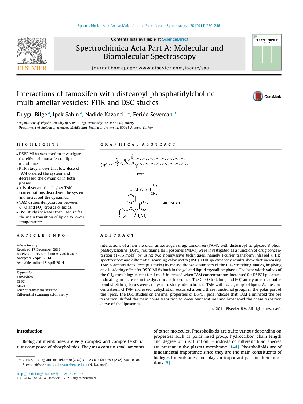 Interactions of tamoxifen with distearoyl phosphatidylcholine multilamellar vesicles: FTIR and DSC studies