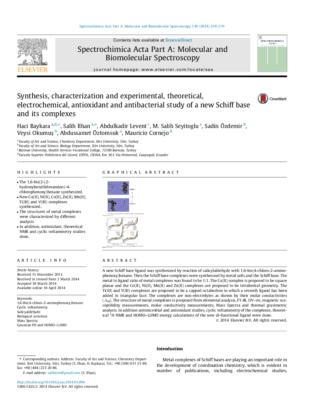 Synthesis, characterization and experimental, theoretical, electrochemical, antioxidant and antibacterial study of a new Schiff base and its complexes