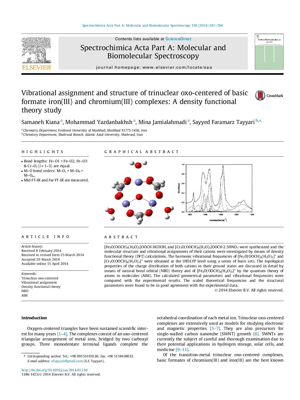 Vibrational assignment and structure of trinuclear oxo-centered of basic formate iron(III) and chromium(III) complexes: A density functional theory study