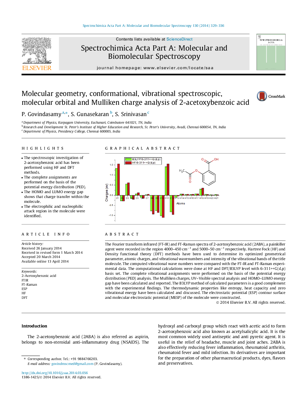 Molecular geometry, conformational, vibrational spectroscopic, molecular orbital and Mulliken charge analysis of 2-acetoxybenzoic acid