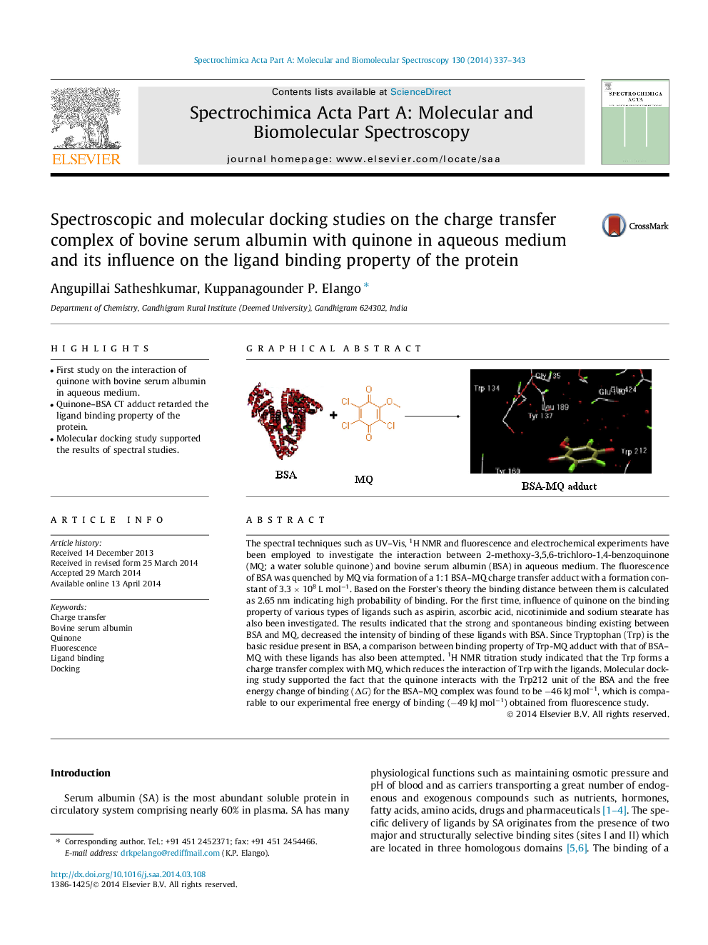 Spectroscopic and molecular docking studies on the charge transfer complex of bovine serum albumin with quinone in aqueous medium and its influence on the ligand binding property of the protein