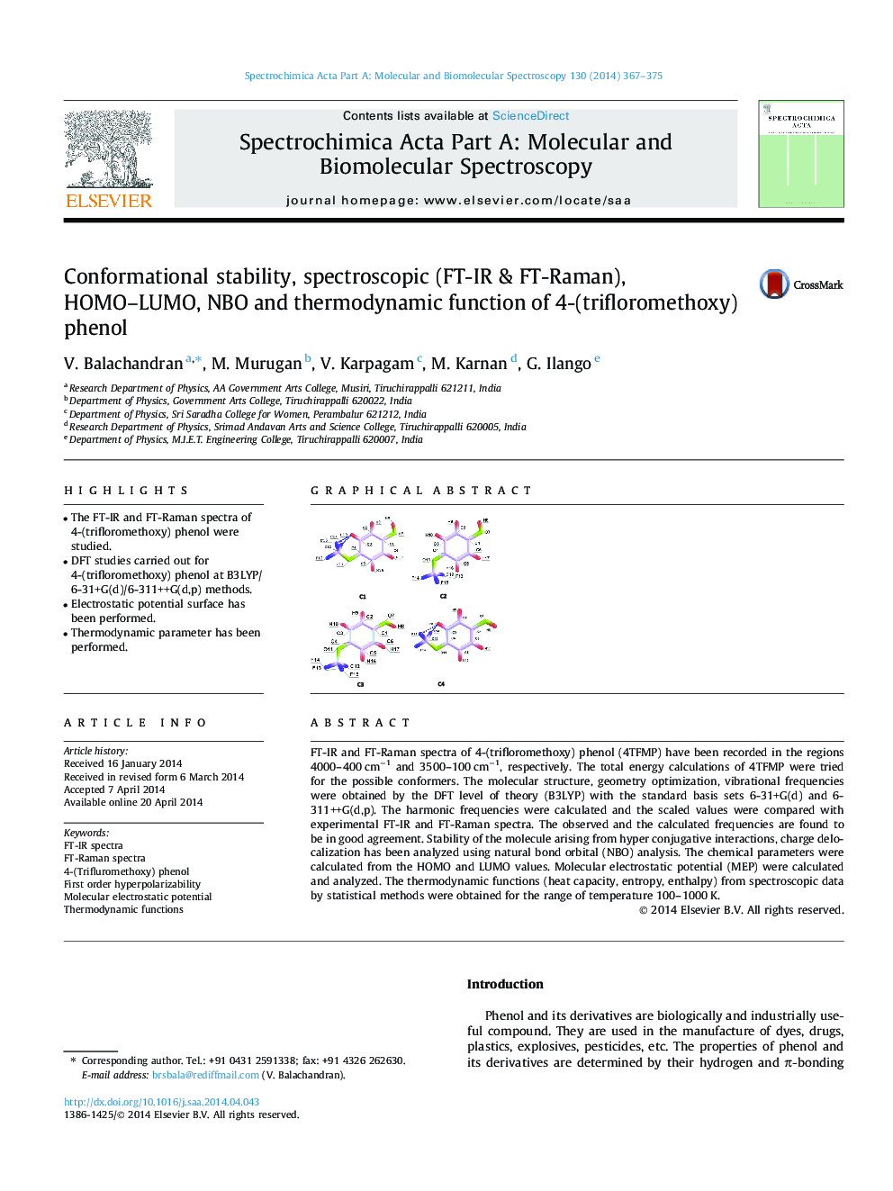 Conformational stability, spectroscopic (FT-IR & FT-Raman), HOMO–LUMO, NBO and thermodynamic function of 4-(trifloromethoxy) phenol