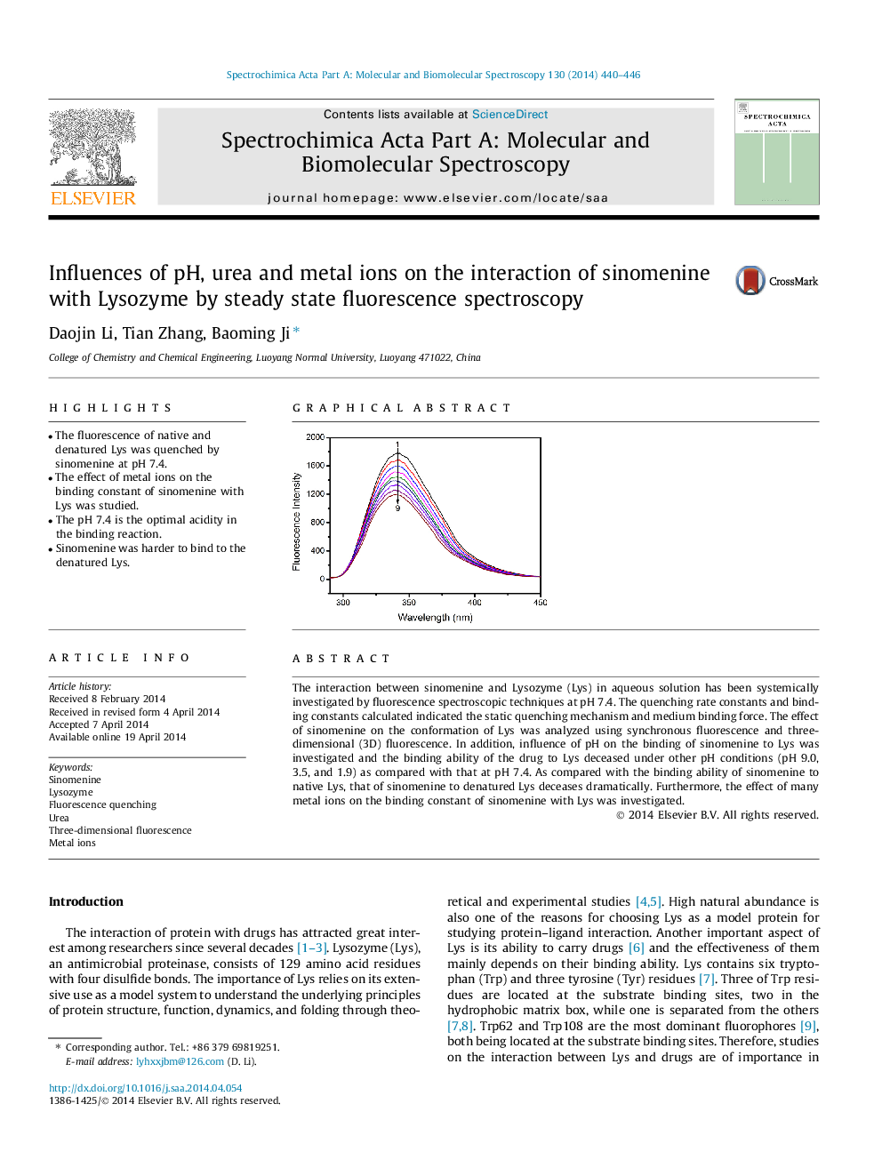 Influences of pH, urea and metal ions on the interaction of sinomenine with Lysozyme by steady state fluorescence spectroscopy