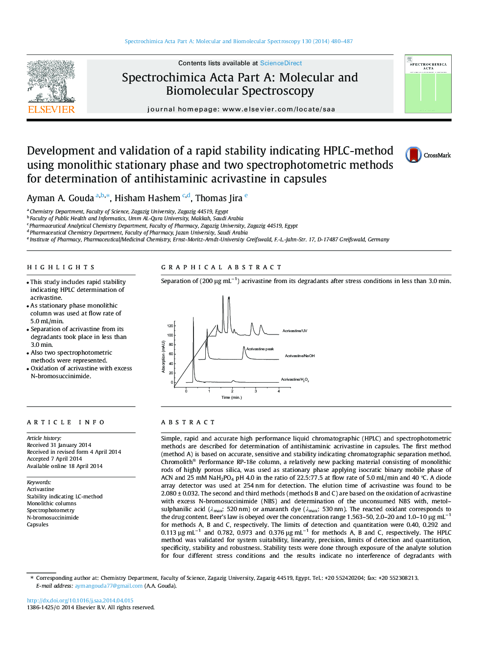 Development and validation of a rapid stability indicating HPLC-method using monolithic stationary phase and two spectrophotometric methods for determination of antihistaminic acrivastine in capsules