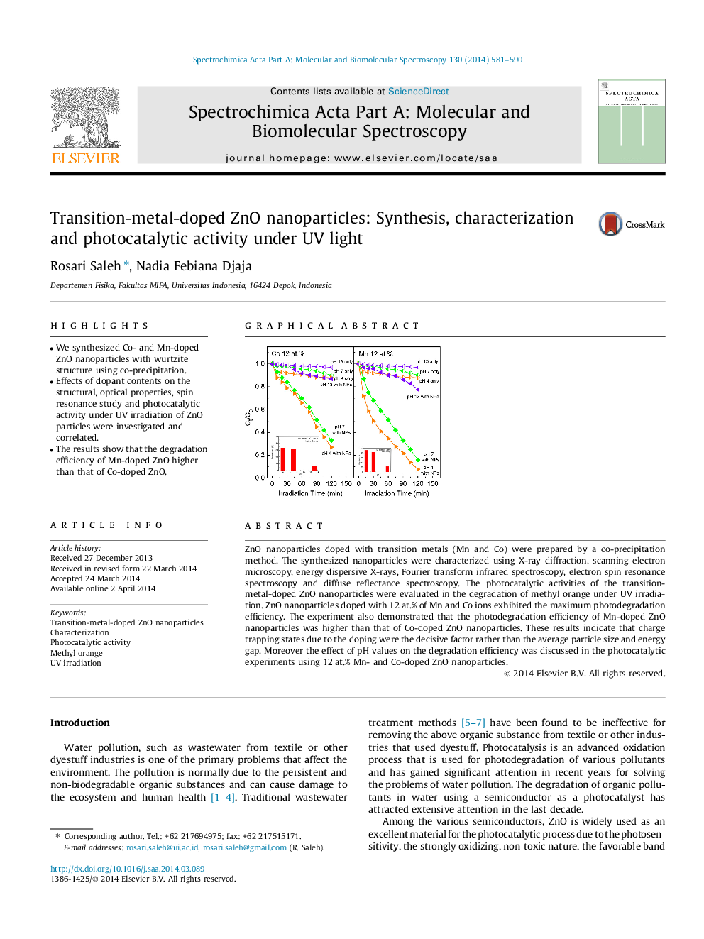 Transition-metal-doped ZnO nanoparticles: Synthesis, characterization and photocatalytic activity under UV light