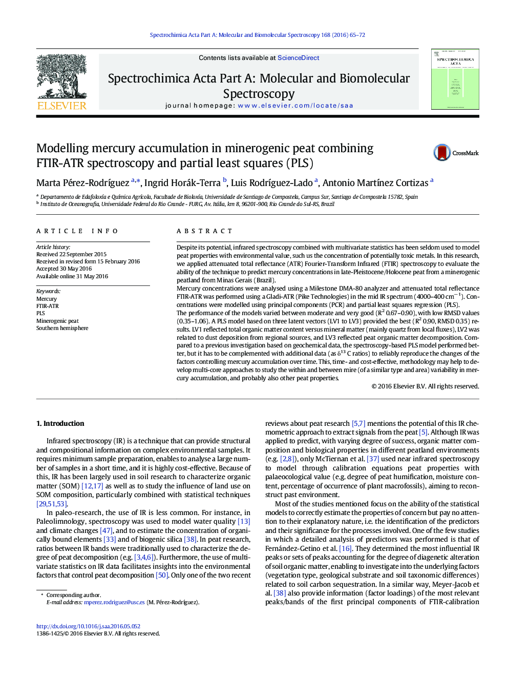 Modelling mercury accumulation in minerogenic peat combining FTIR-ATR spectroscopy and partial least squares (PLS)