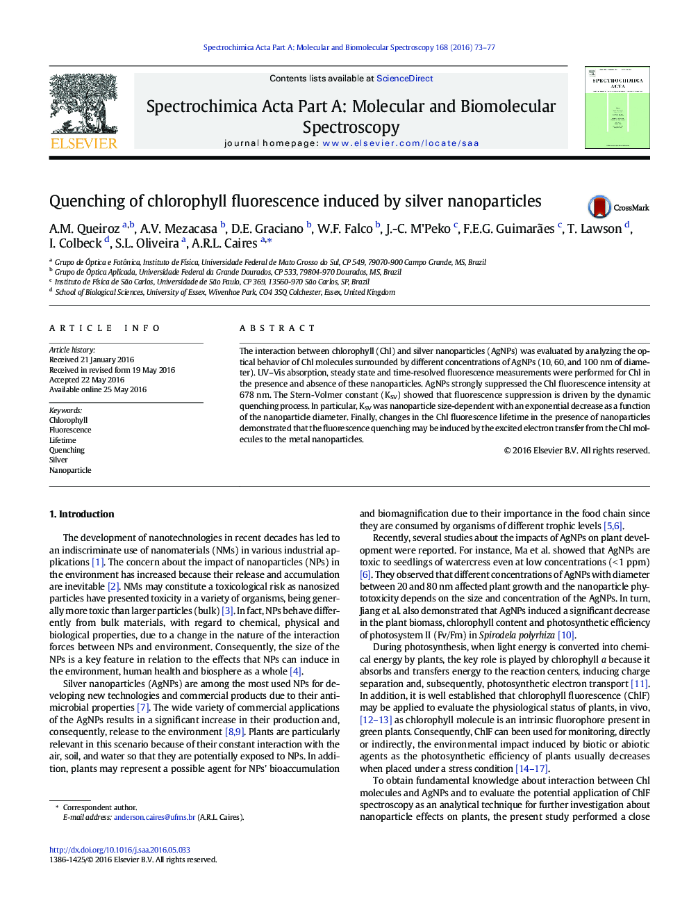 Quenching of chlorophyll fluorescence induced by silver nanoparticles