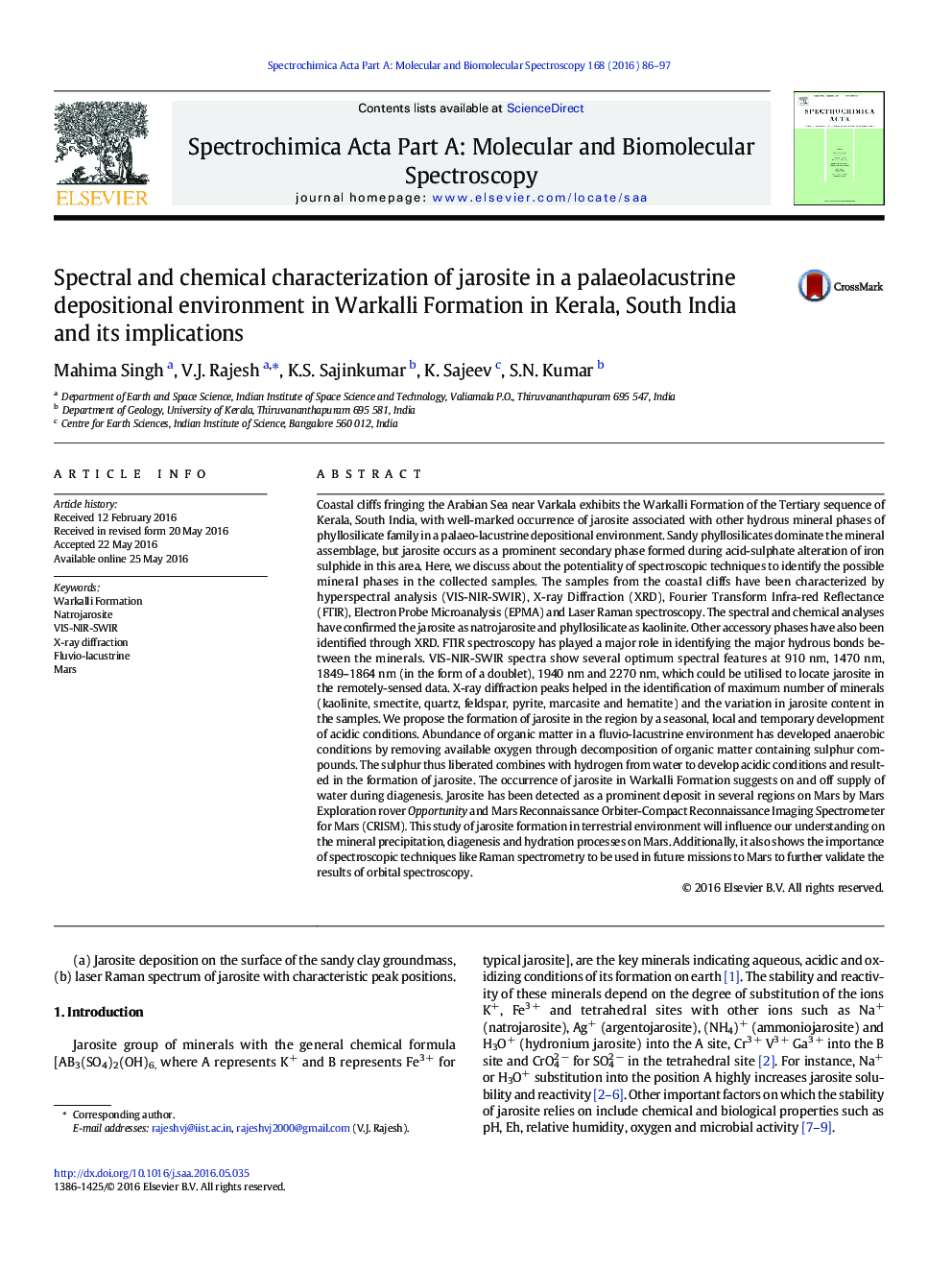 Spectral and chemical characterization of jarosite in a palaeolacustrine depositional environment in Warkalli Formation in Kerala, South India and its implications