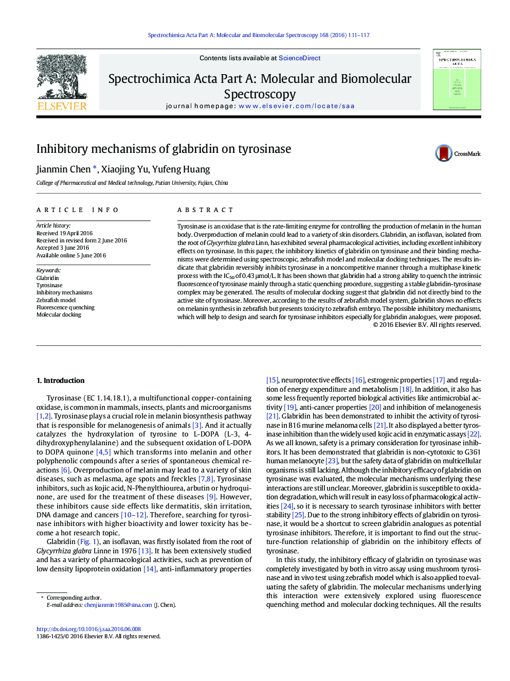 Inhibitory mechanisms of glabridin on tyrosinase