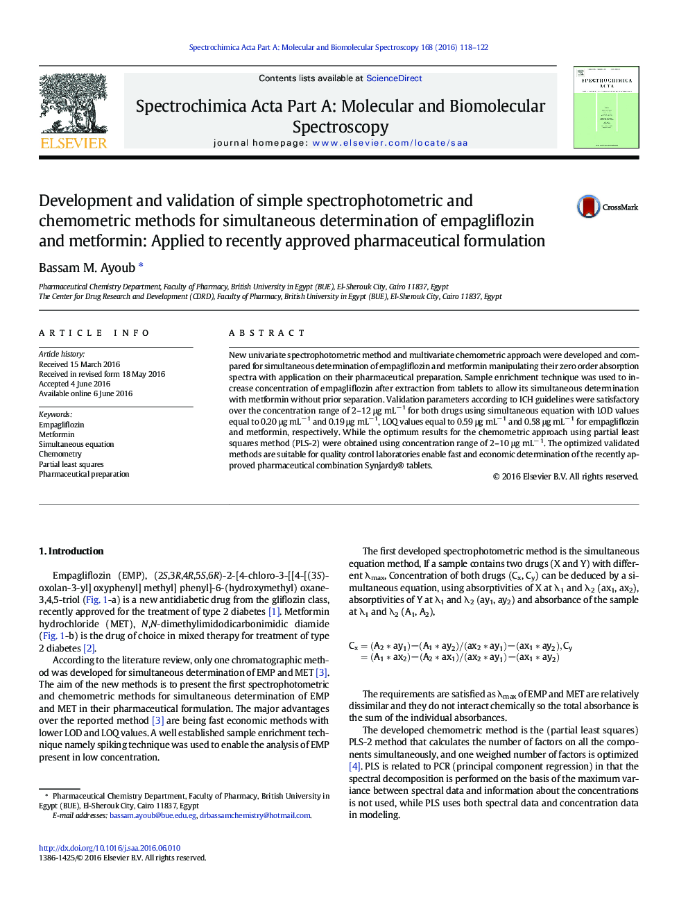 Development and validation of simple spectrophotometric and chemometric methods for simultaneous determination of empagliflozin and metformin: Applied to recently approved pharmaceutical formulation