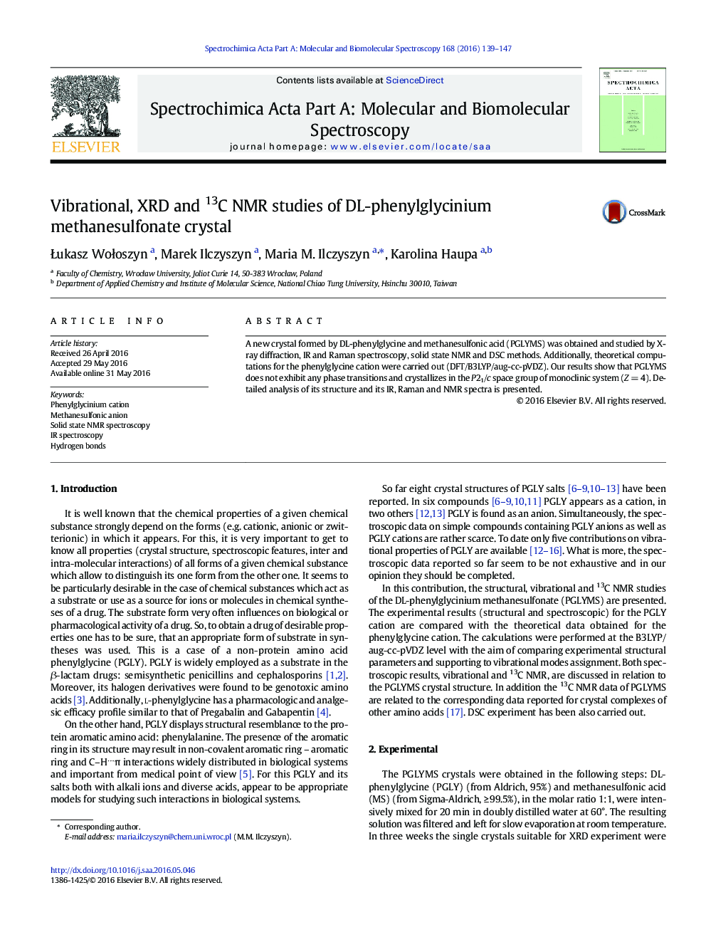 Vibrational, XRD and 13C NMR studies of DL-phenylglycinium methanesulfonate crystal