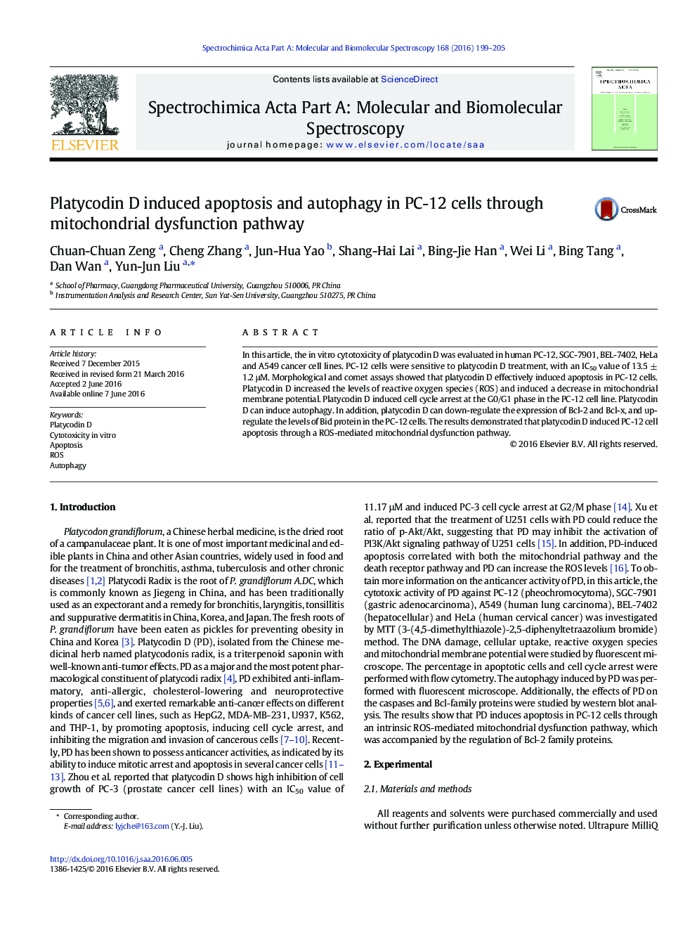 Platycodin D induced apoptosis and autophagy in PC-12 cells through mitochondrial dysfunction pathway