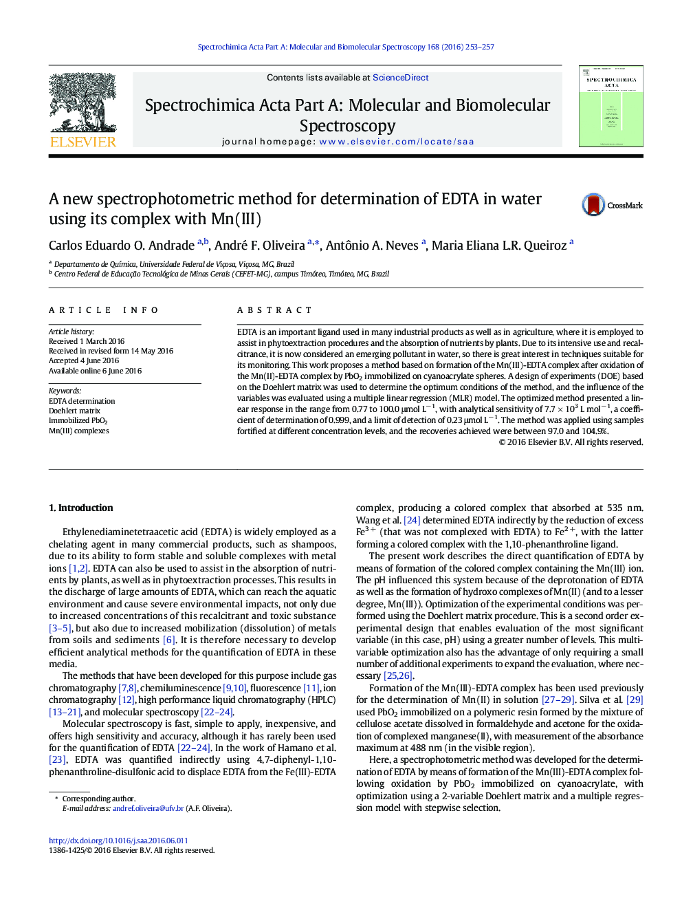 A new spectrophotometric method for determination of EDTA in water using its complex with Mn(III)