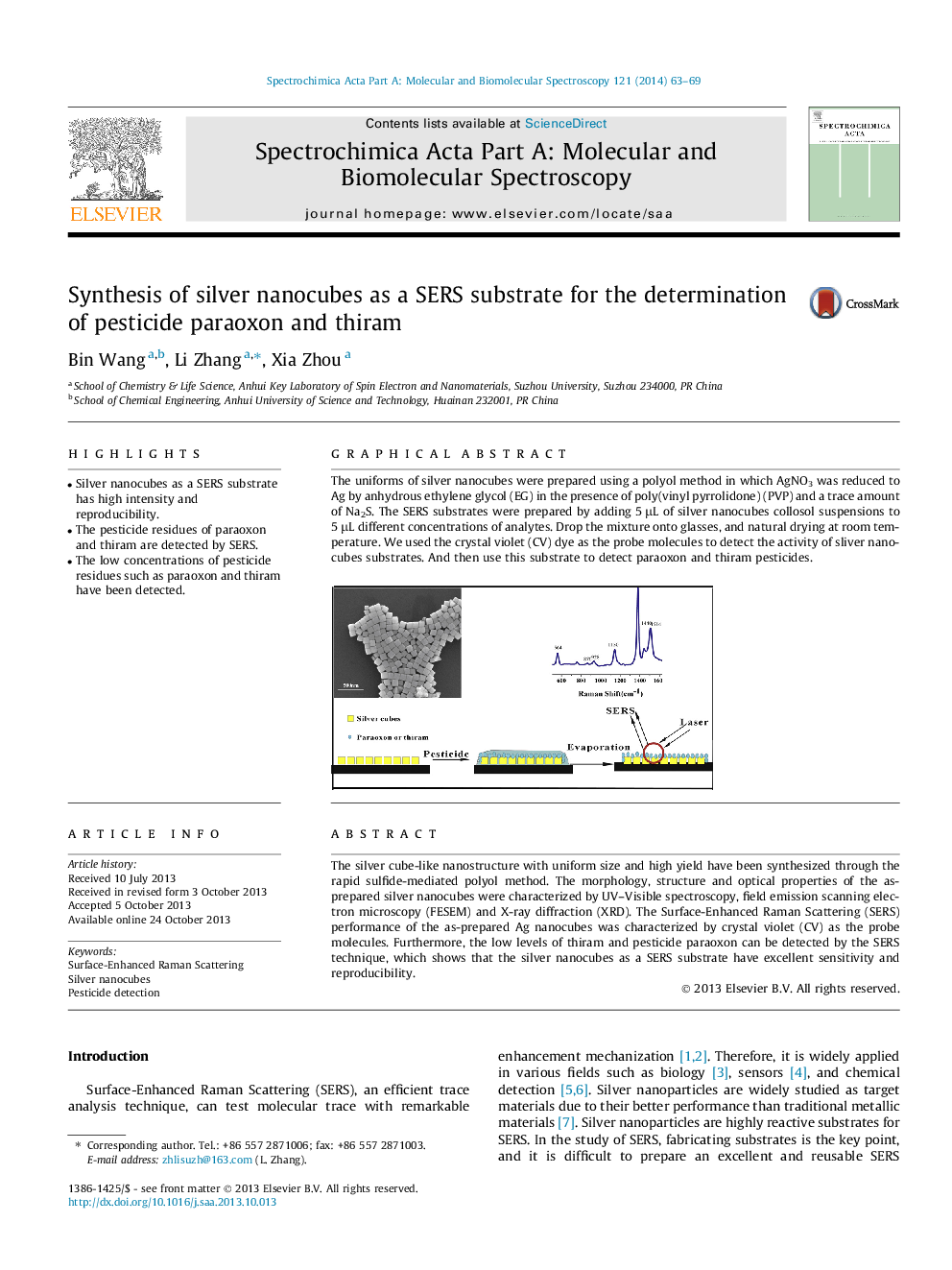 Synthesis of silver nanocubes as a SERS substrate for the determination of pesticide paraoxon and thiram