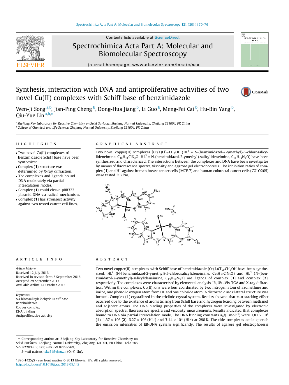 Synthesis, interaction with DNA and antiproliferative activities of two novel Cu(II) complexes with Schiff base of benzimidazole